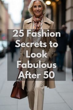 a woman walking down the street with her hand in her pocket and text that reads 25 fashion secrets to look fabulous after 50