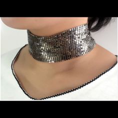 Gunmetal Mesh Metallic Choker Necklace. New Trendy Metallic Jewelry For Party, Trendy Metallic Party Jewelry, Metal Choker For Night Out, Silver Choker For Night Out, Trendy Metal Choker For Party, Adjustable Gunmetal Necklaces For Party, Adjustable Gunmetal Necklace For Party, Silver Metal Necklaces For Night Out, Black Metal Choker For Party