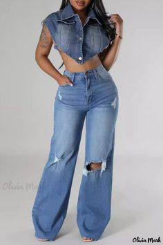 Olivia Mark - Premium High-Waisted Distressed Denim Jeans for a Casual Chic Look Casual Distressed Flare Jeans In Rigid Denim, Fitted Cropped Flare Jeans, Dark Wash High Waist Denim Vest For Spring, Casual Fitted Ripped Denim Vest, Stretch Cropped Flare Denim Jeans, Distressed High Waist Flare Jeans Medium Wash, Ripped Cropped Denim Bottoms, High Waist Denim Vest For Spring, Stretch Cropped Denim Jeans