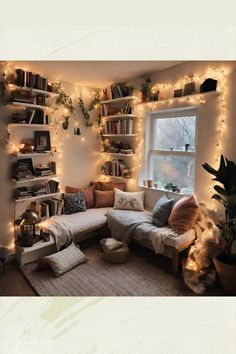 a living room filled with lots of furniture and lights on the wall above it's bookshelves