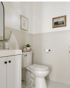 a white toilet sitting next to a sink in a bathroom under a framed picture on the wall