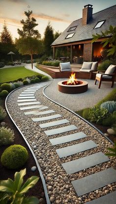 an outdoor fire pit surrounded by rocks and gravel