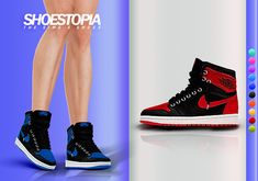 a pair of black and red high top sneakers