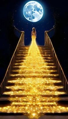 a woman standing on top of a stairway covered in golden lights under a full moon