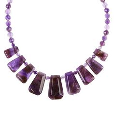 Jay King Sterling Silver Amethyst Necklace Bring a bold pop of purple color to your neckline with this beautiful, handcrafted amethyst necklace. From Jay King.       Approx. 18-1/4"L x 5/16"W with 2-3/4" extender     Center drop approx. 1-3/8"L x 7/8"W     Stamped .925      Hook closure     Necklace drape has nine rectangular-shaped amethyst stations strung together in graduating sizes     Faceted, round purple amethyst beads complete necklace   Stone Information       All sizes and weights appr Purple Amethyst Necklace With Natural Stones, Purple Faceted Amethyst Crystal Necklaces, Purple Faceted Amethyst Crystal Necklace, Purple Amethyst Gemstone Necklace, Purple Amethyst Necklace With Gemstone Beads, Necklace Stone, Amethyst Beads, Amethyst Necklace, Zambia