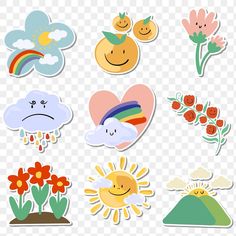 the sun, clouds, flowers and hearts stickers are arranged on a transparent background