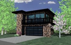 Stone and glass adorn the exterior of this Contemporary ADU with a 615 square foot garage and an equal amount of space dedicated to living. The second floor living quarters consist of a living room with kitchenette and a separate bedroom with full bathroom. This plan makes an ideal guest suite, in-law suite or rental income suite. Roof pitch is 1/2 on 12. Related Plan : This garage studio was designed to complement house plan 85021MS . House Plans Without Garage, Grey Garage, Porsche Garage, Contemporary Garage, Plan Garage, Small Modern House Plans, Carriage House Plans, Garage Loft, Garage Apartment Plans