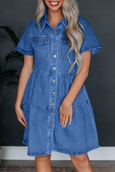 Details: Material: Cotton, Denim Style: Casual Pattern Type: Solid Element: Pocket, Buckle Neckline: Turndown Collar Sleeve Style: Regular Sleeve Sleeve Length: Short Sleeve Suit Type: Dress Fit Type: Loose Clothing Length: Short Type: Solid Color Size(in) Bust Dresses Length Sleeve Length S 39.4 39.4 7.9 M 40.9 39.8 8.3 L 43.3 40.2 8.7 XL 45.7 40.6 9.1 Tips:Due to the many variations in monitors, the color in the image could look slightly different, please take physical design and color shall p Loose Denim Dress, Knee-length Denim Dress With Button Closure And Relaxed Fit, Short Sleeve Suit, Denim Blue Button-up Mini Dress With Pockets, Cotton Denim Button-up Dress In Medium Wash, Suit Type, Medium Wash Cotton Button-up Denim Dress, Loose Clothing, Non-stretch Medium Wash Denim Dress With Button Closure