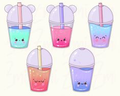 four cups with different colored liquids in them and one has a straw sticking out of it