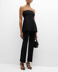 SIMKHAI Ioanna Strapless Peplum Top | Neiman Marcus Luxury Chic Peplum Top With Ruffles, Luxury Summer Peplum Top, Luxury Fitted Chic Peplum Top, Chic Fitted Black Peplum Top, Black Peplum Top Nordstrom, Strapless Peplum Top, Strapless Neckline, Peplum Hem, Black Tie