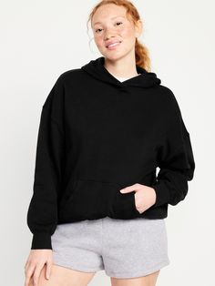 built-in hood drop-shoulder sleeves rib-knit cuffs kangaroo pocket rib-knit hem pull-over style oversized fit hits at hip models are approx.  5'9" and wear sizes s (4), l (12), and xl (18) Relaxed Fit Hooded Sweater With Ribbed Cuffs, Hooded Sweater With Ribbed Cuffs And Relaxed Fit, Casual Drop Shoulder Hoodie With Ribbed Cuffs, Casual Hoodie With Ribbed Cuffs And Drop Shoulder, Casual Hoodie With Drop Shoulder And Ribbed Cuffs, Trendy Cozy Fit Hoodie With Ribbed Cuffs, Trendy Cozy Hoodie With Ribbed Cuffs, Oversized Basic Hoodie With Kangaroo Pocket, Casual Cozy Fit Hoodie With Ribbed Cuffs