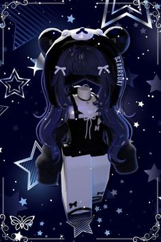 a girl with long hair wearing a black outfit and stars around her head, standing in front of a blue background