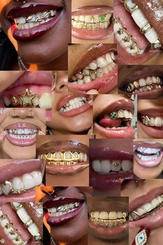 Aesthetic Grills Teeth, Grills On Gap Teeth, Grills And Tooth Gems, Golds On Black Women Teeth, Grills On Crooked Teeth, Woman With Grills, Custom Grillz For Women, Matching Grills Couple, Grillz On Women