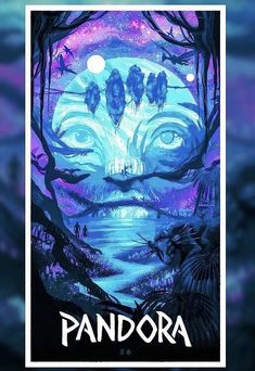 the poster for pandora is shown in purple and blue tones with an image of two