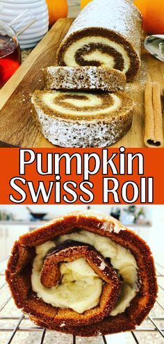 pumpkin swiss roll on a cooling rack with cinnamon rolls in the background