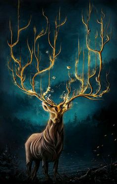 a painting of a deer with gold antlers on it's head and trees in the background