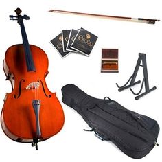 an orange violin and other musical instruments on a white background, including a bow, case, strings, and accessories