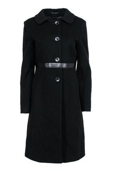 Current Boutique-Cinzia Rocca - Black Wool Overcoat w/ Leather Trim Sz 10 Sleek Long Winter Coat, Sleek Long Coat For Winter, Tailored Leather Outerwear For Winter, Tailored Leather Winter Outerwear, Sleek Wool Outerwear For Winter, Sleek Wool Winter Outerwear, Sleek Fitted Winter Outerwear, Sleek Formal Winter Outerwear, Cinzia Rocca