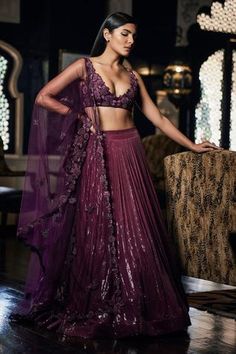 Wine georgette lehenga with all-over transparent sequins detailing. Paired with applique work blouse and dupatta.
Component: 3
Embroidered
Neckline: V Neck
Sleeve Length: Sleeveless
Fabric: Georgette
Color: Purple, Maroon
Plunging neck - Aza Fashions Sawan Gandhi, Wine Lehenga, Grey Lehenga, Purple Lehenga, Reception Outfits, Gown Designs, Wedding Color Pallet, Sangeet Outfit, Saree Wearing