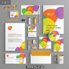 stationery set with colorful geometric shapes and business cards, envelopes, cd cover