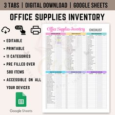 office supplies inventory spreadsheet with the text, 5 tabs / digital printable google sheets