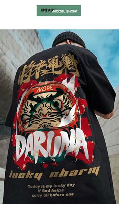 FREE SHIPPING T-Shirt Daruma Chinese Printed JKP4447 Streetwear Tshirt Design, Chinese Prints, Casual Cotton Top, Japanese Shirt, Japanese Tshirt, Shirt Design Inspiration, Loose Shirt, Aesthetic Shirts, Japanese Streetwear