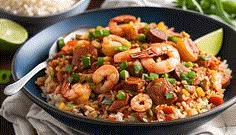 a bowl filled with shrimp, rice and peas