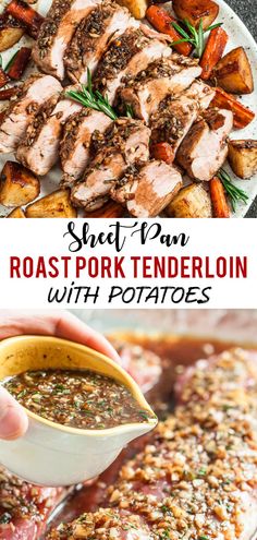 roast pork tenderloin with potatoes served on a platter