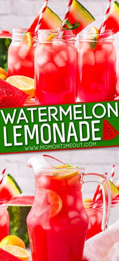 watermelon lemonade in mason jars with strawberries and limes on the side