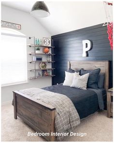 a bed room with a neatly made bed and shelves