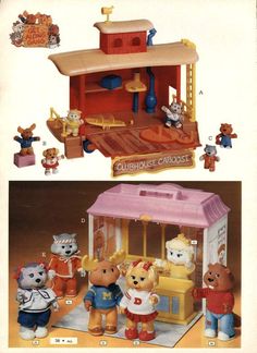 an advertisement for toys featuring teddy bears in front of a carousel and on the outside