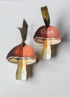 two ceramic mushrooms with the word choe on them are shown in front of a white background