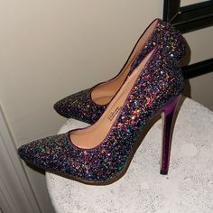 Purple Heels Size 5.5 Glitter Never Worn Multicolor 4-inch Heels For Party, Multicolor Pointed Toe Heels For Party, Glamorous Pointed Toe Shimmer Heels, Multicolor Pointed Toe Heels For Night Out, Shimmer Pointed Toe Heels For Night Out, Glamorous Heels With Glitter Print For Party Season, Glamorous Purple Party Heels, Multicolor Heels With 4-inch Heel For Night Out, Multicolor 4-inch Heels For Night Out