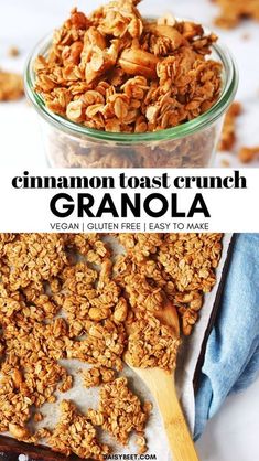 granola in a glass bowl with a wooden spoon next to it and text overlay that reads cinnamon toast crunch granola vegan glutter