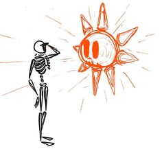 an orange and black drawing of a skeleton looking at a cartoon character with the sun in the background