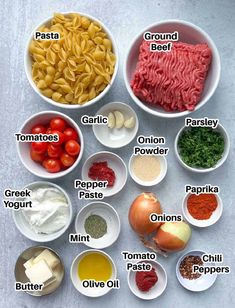 the ingredients for an italian pasta dish are shown in bowls and labeled with their names