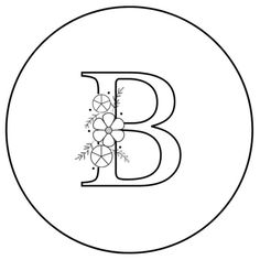 the letter b is decorated with flowers and leaves in black on a white circular background