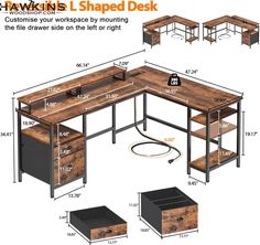 the computer desk is shown with measurements for each drawer and one side open to show it's contents