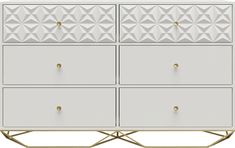 a white and gold chest of drawers with geometric designs on the front, one drawer open