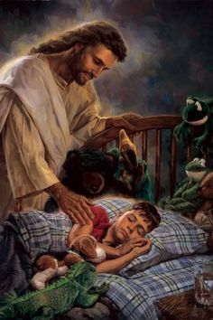 the three children are laying in bed with jesus