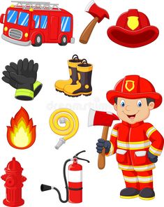 cartoon fireman with various types of tools and equipment for the fire department, isolated on white background