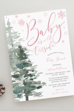 Winter Forest Pink It's Cold Outside Baby Shower Invitation Template