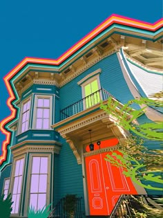 a large blue house with a red door and green trees in front of it on a sunny day