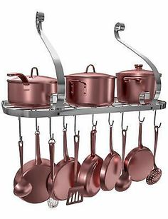 a rack with pots and pans hanging from it