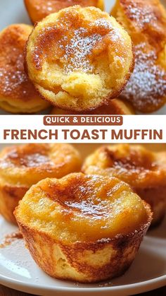 french toast muffins on a white plate with powdered sugar and the words quick & delicious