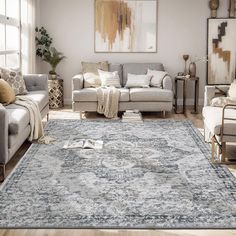 a living room filled with furniture and a large rug on top of a hard wood floor