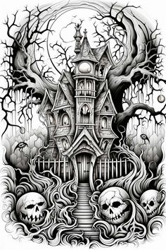 a black and white drawing of a creepy house