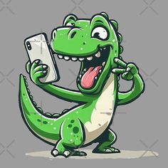 a cartoon dinosaur holding a cell phone and pointing to it's screen with its mouth open