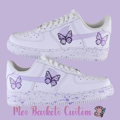 Visit my shop for more models: https://www.mesbaskets-custom.com/ Do you want to make a specific model? Contact me by message :) About the shoes: Custom Air Force 1 Custom Splash Lilac and Purple Glossy Butterflies Sneakers, Hand Painted The price includes the pair of shoes as well as customization. Handmade model with love in my workshop in France ❤️ Top quality, waterproof and washable Angelus leather paint 🎨 Each pair is made to order, so it is not possible to cancel, exchange or return the order. Af1 Custom Paint, Sneakers Air Force, Af1 Custom, Air Force 1 Custom, Custom Air Force 1, Leather Paint, Paint Splash, Purple Butterfly, Custom Sneakers