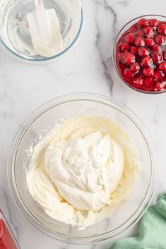 the ingredients for this dessert are in bowls and ready to be mixed into something else